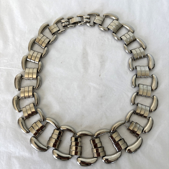 Modernist Statement Collar Necklace Silver Tone Bold Chunky 18" Chain Link - Picture 2 of 12